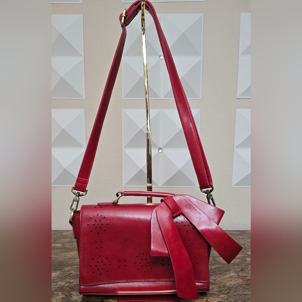 Walsa Red Bow Crossbody Satchel Bag Floral Cutout Top Handle Purse